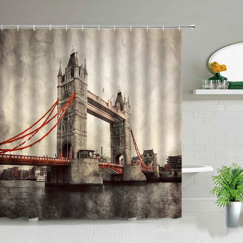 European Style Building City Landscape Shower Curtains Paris Tower London Bridge Bath Screen Waterproof Fabric Bathroom Curtain