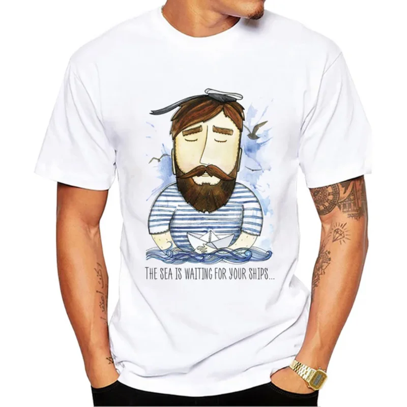 Vintage Tops Sailor And Boat Print 'S T-Shirt O-Neck Men Clothing Short Sleeve Male Casual Streetwear