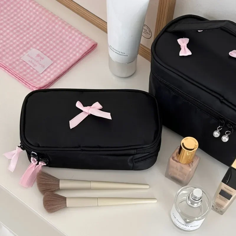 1PCS Cream Pink Bow Makeup Bag Women\'s 2024 Black Large Capacity Travel Wash Beauty Cosmetic Storage Bag Student Pencil Case