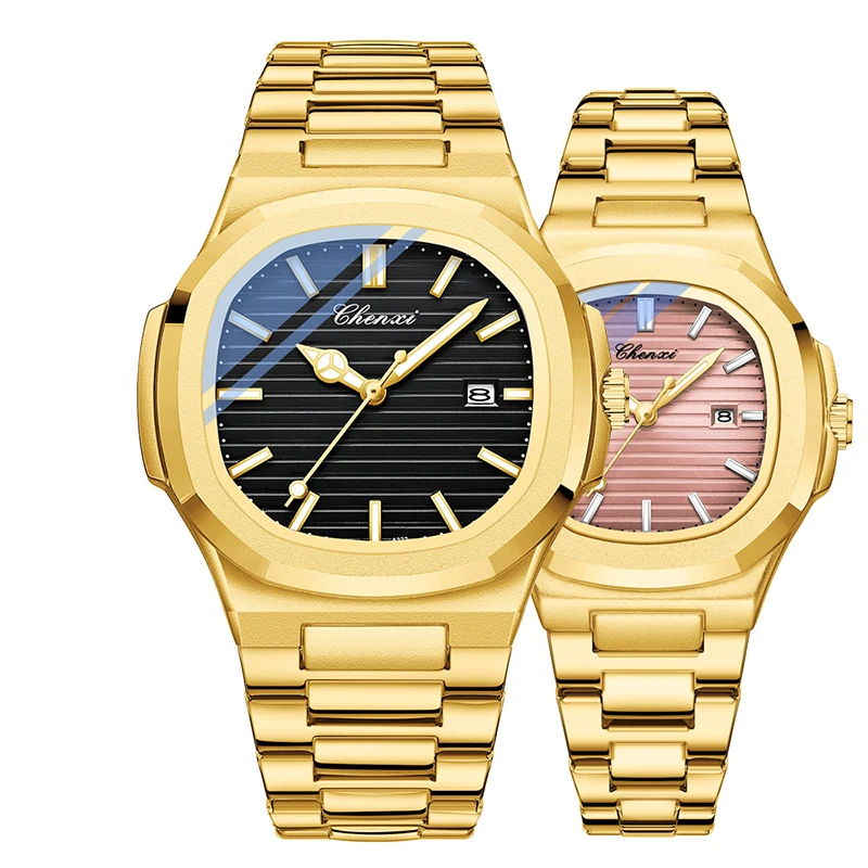 2 pezzi di orologi da coppia di lusso orologio da polso da uomo d'affari in acciaio inossidabile dorato impermeabile con calendario al quarzo da donna di alta qualità