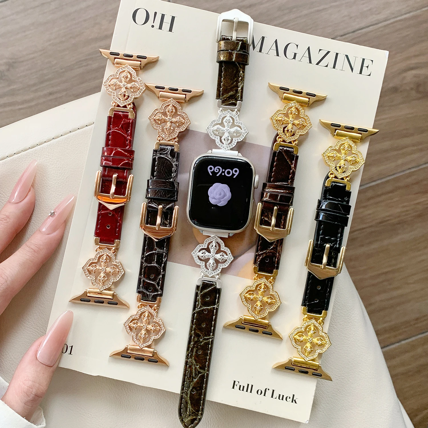 

Ремешок класса люкс с жемчугом и бриллиантами для Apple Watch S10/9/8/7/SE-1 38-46 мм, эксклюзивный дизайн, премиум-класс, для iWatch Ultra S11 49 мм