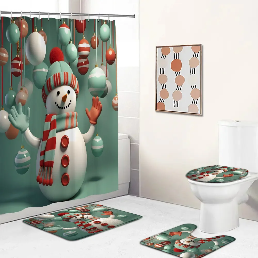 

Merry Christmas Snowman Shower Curtain Set Winter Elf Festival Xmas Snowflake Bathroom Decor Cartoon Bath Mat Toilet Lid Cover