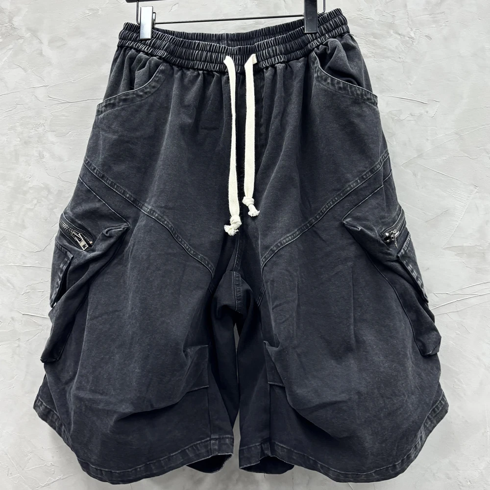 High Street Abandoned Retro Washed Distressed Five Quarter Shorts Men's Elastic Waist Loose Workwear Shorts Casual Shorts