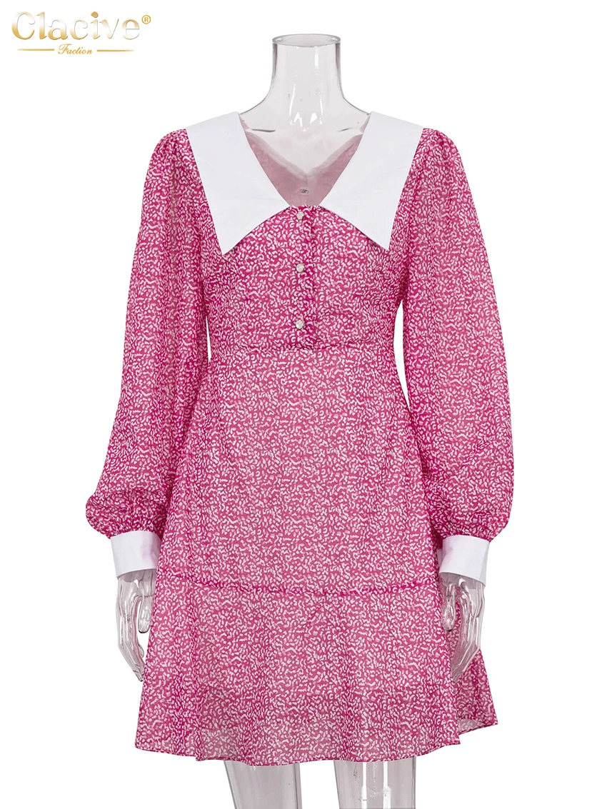 Clacive เสื้อผ้ากุลสตรีเดรสสั้นสำหรับใส่ในสำนักงาน, ชุดสุภาพสตรีเข้ารูปพิมพ์ลายเข้ารูปแขนยาวคอปกแบบคลาสสิก