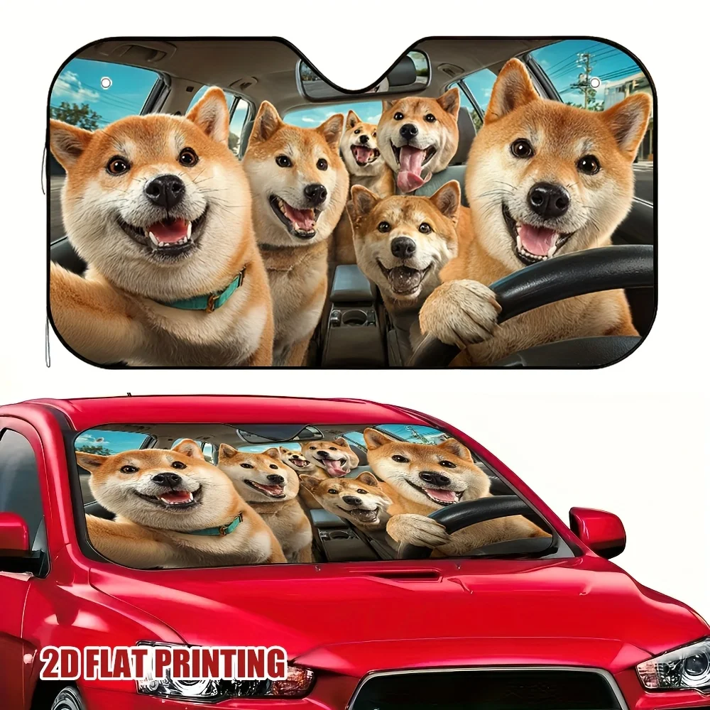 

1pc Funny Shiba Inu Car Sunshade - 2D Flat Printing, Cute Dog Design With Blue Collar & Green Leash, Modern Windshield Shade For