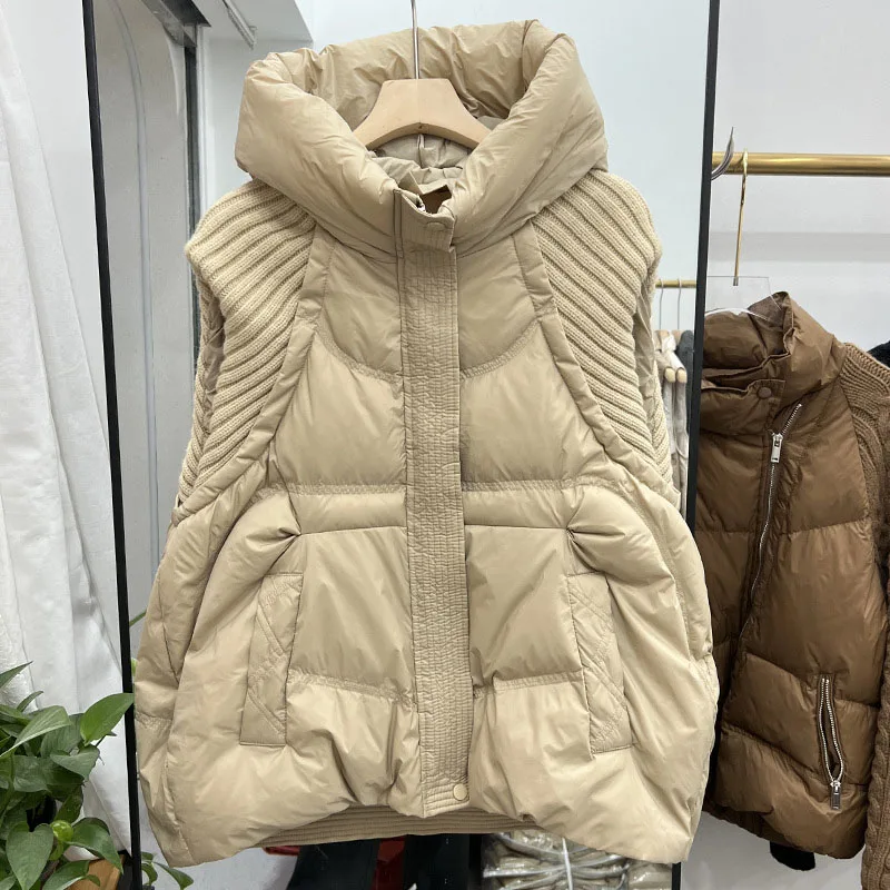 Women Waistcoat 2025 New Autumn Winter Warm Hooded White Duck Down Solid Color Knitting Women Down Jacket Women Down Vest H481