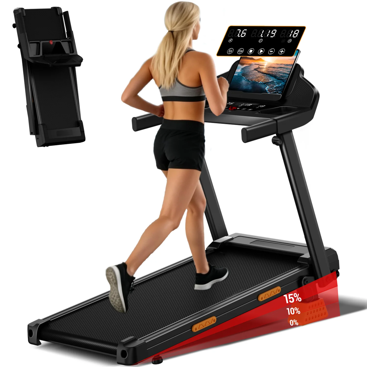 Umay Foldable Home Treadmill - 15% Incline, 12 Km/H Speed, 3.0 Hp Motor, Led Display, 136 kg Load Capacity