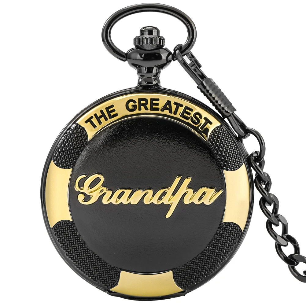 

Birthday Gift Vintage Black Pocket Watch The Greatest Grandpa/Dad Design Fob Chain Pendant Roman Numerals Dial Pocket Clock