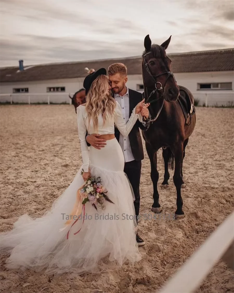 Customized  Two-Piece Bohemian Jersey Wedding Dress Long Sleeves Dropped Waistline Ruffled Tulle Exquisite Casual Bridal Dress