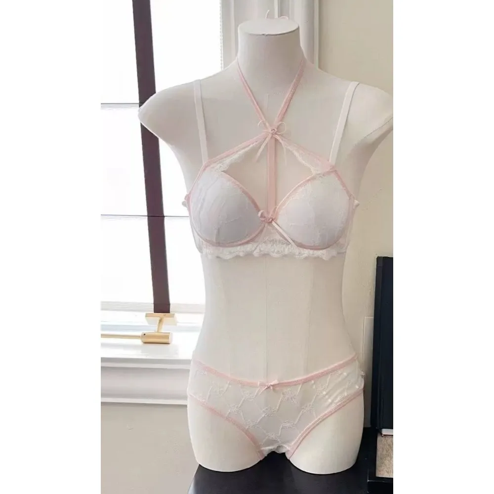 MOYISU Halter Neck Lace Bralette Women Wireless Soft Support Bra Bow Back Beauty Back Underwear Dating Daily Outfit 32-38 Suit