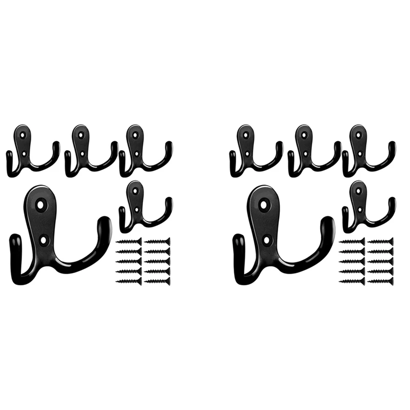 10X Double Prong Robe Hook With Screws, Dual Coat Hooks Wall Mounted Hanging Clothes (Black)