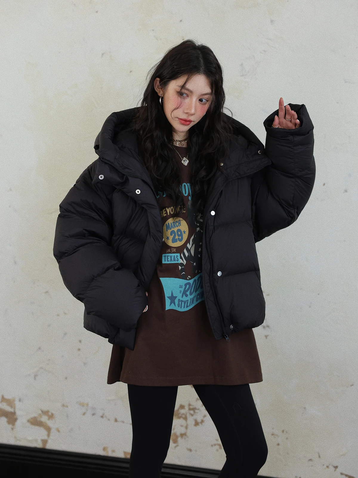 

DR Puffy Hat Thiened Hooded 90 down ort Women's Winter Warm Sli Bla Versatile Du down Jaet Long Sve Zipper