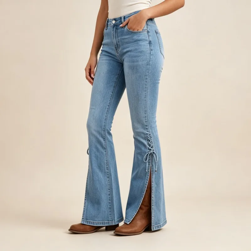 Women American Vintage Flare Jeans High Waist Split Hem Lace Up Bow Detail Stretch Denim Pants Streetwear Y2K