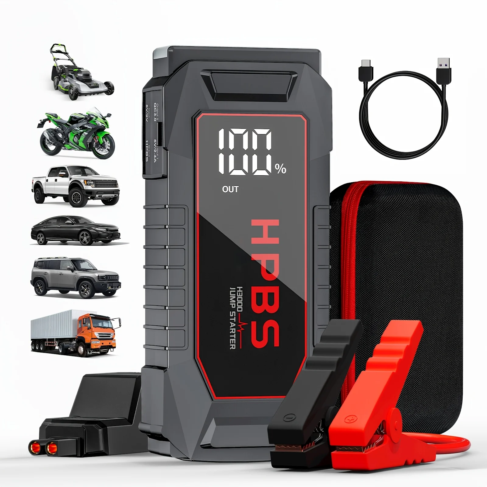 Portable 12V Car Jump Starter & Battery Charger for Cars, Motorcycles, SUVs, Lawn Mowers — Fast, Safe Boost for Dead Batteries; Built-in High-Capacity Power Bank, Dual USB Ports, Real-Time LED Display, Emergency Flashlight, and Essential Car Tools view 5