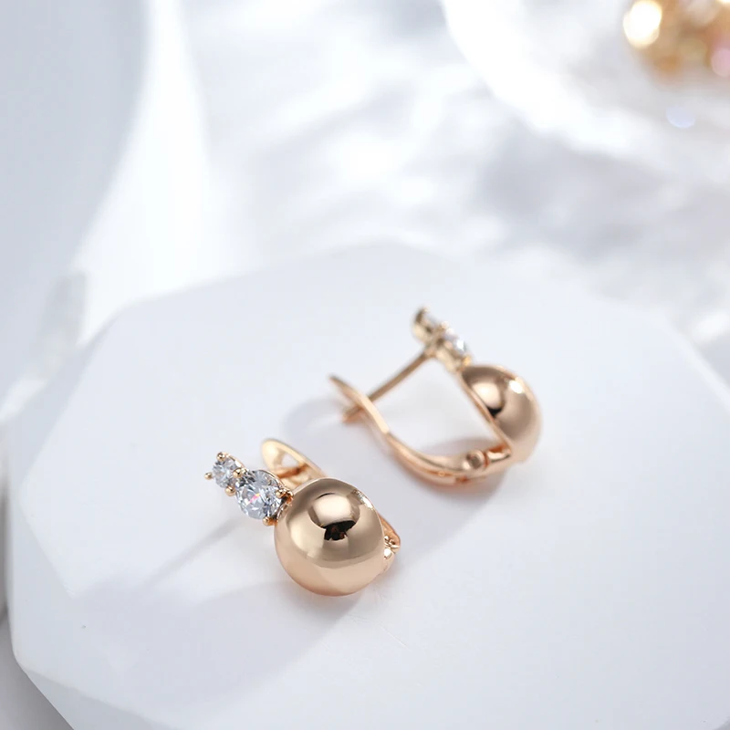 Kinel Simple Glossy Hemisphere Earrings for Women 585 Rose Gold Color Natural Zircon Accessories Fashion Wedding Fine Jewelry