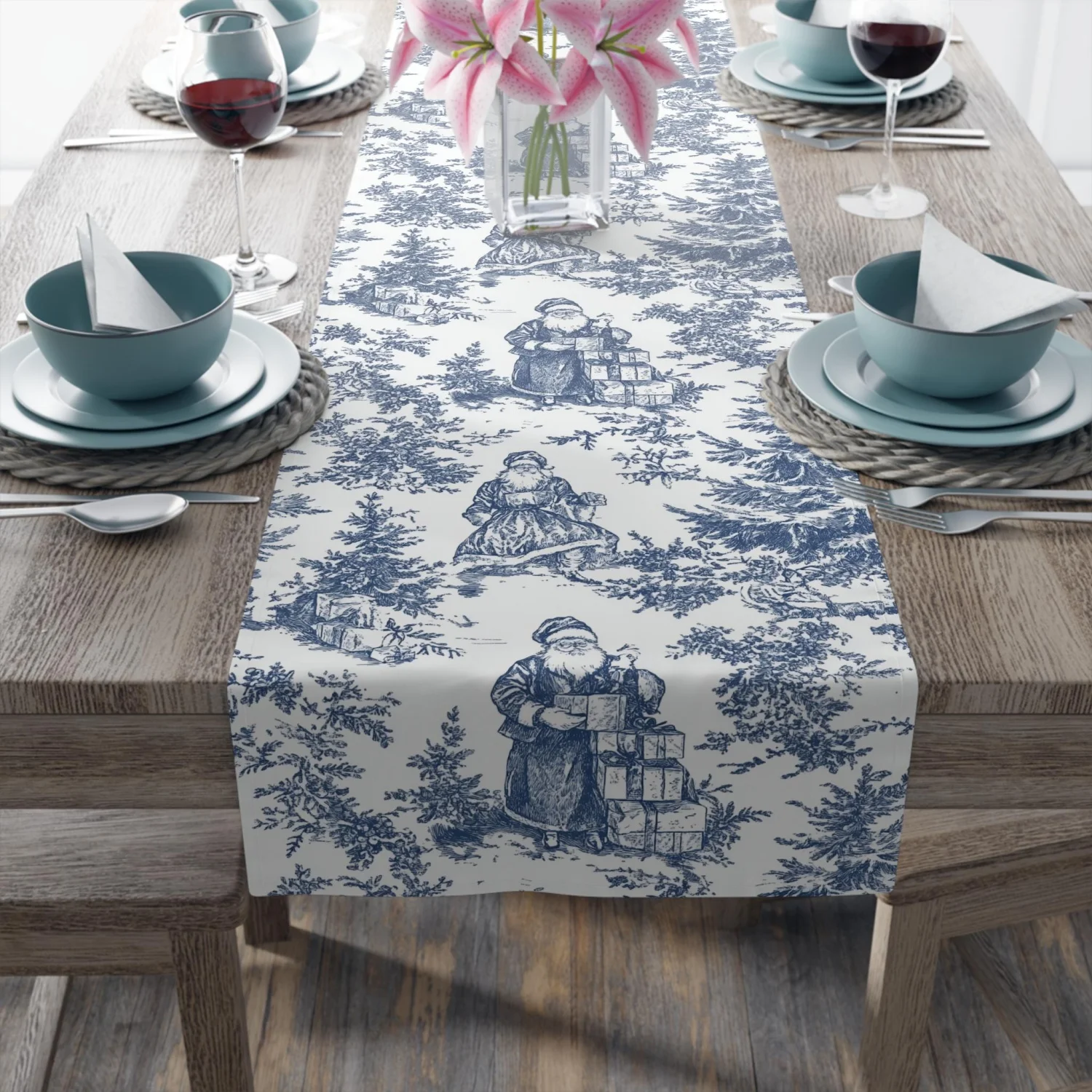 

Blue Vintage Christmas Table Runner: Chinoiserie Santa Claus Holiday Decor, Holiday Table Decor, Winter Tablecloth