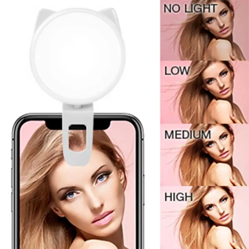 Luz de Selfie con Clip para teléfono, oreja de gato, 3 modos, anillo de luz para Selfie, luz de relleno para teléfono, anillo de luz para Selfie alimentado por batería para tableta