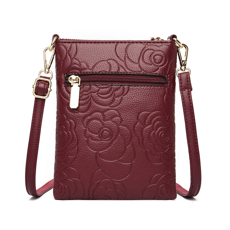 Emboss Rose Flower Women Shoulder Bags Crossbody Bag Premium Genuine Leather Vertical Style Female Mobile Pouches Bags