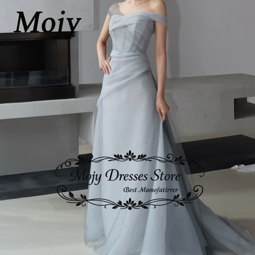 

Mojy Blue Off the Shoulder Korean Wedding Dresses Customized Strapless Bridal Party Dress Soft Tulle Wedding Reception Dress