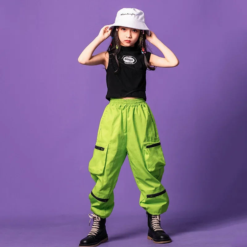 Kid Kpop Hip Hop Clothing Black Tank Crop Top Green Orange Streetwear Tactical Cargo Jogger Pants for Girl Dance Costume Clothes