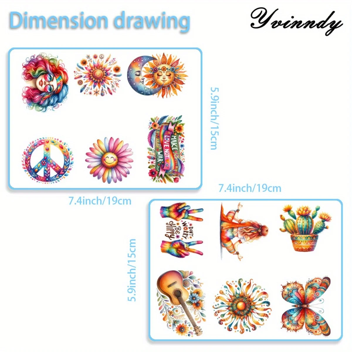 12PCS/SET Happy Hippie DIY Light Beigeny Tumblers Wrap Decorative Transfer Paper UV DTF High Self-adhensive Wraps