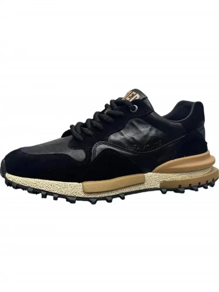 Autumn Men Genuine Leather Spliced Outdoor Running Shoes Lace Up Low Cut Antiskid Platform Training Shoes Athlete Sport Sneakers