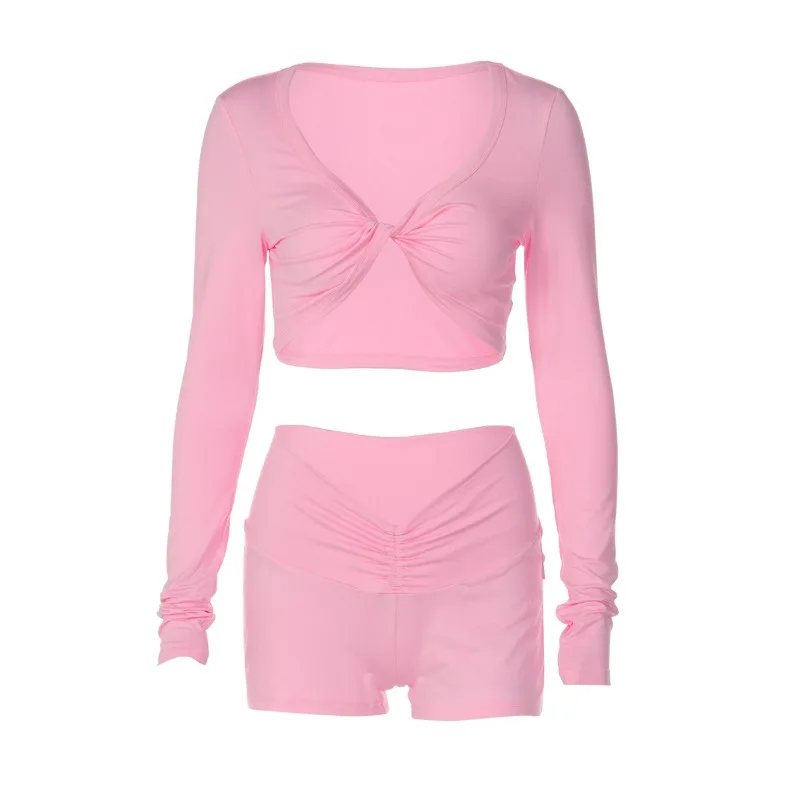 Zimowy, jednolity kolor, marszczony top z długim rękawem, obcisłe szorty, strój sportowy i rekreacyjny dla kobiet.