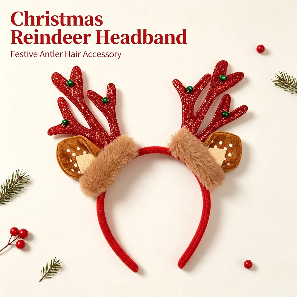 赤いグリッタートナカイの角のヘッドバンド、ぬいぐるみの鹿の耳 - Reindeer Antlers Headband のレビューと価格