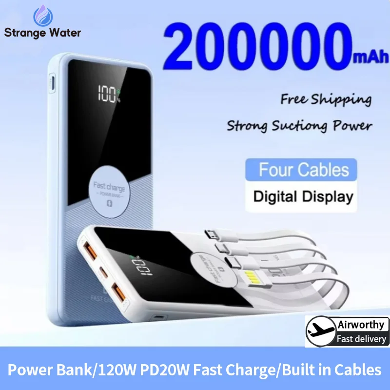 

200000mAh Large Capacity Power Bank With 4 Cables 120W Fast Charging Portable Battery Charger for iPhone Samsung Huawei Xiaomi