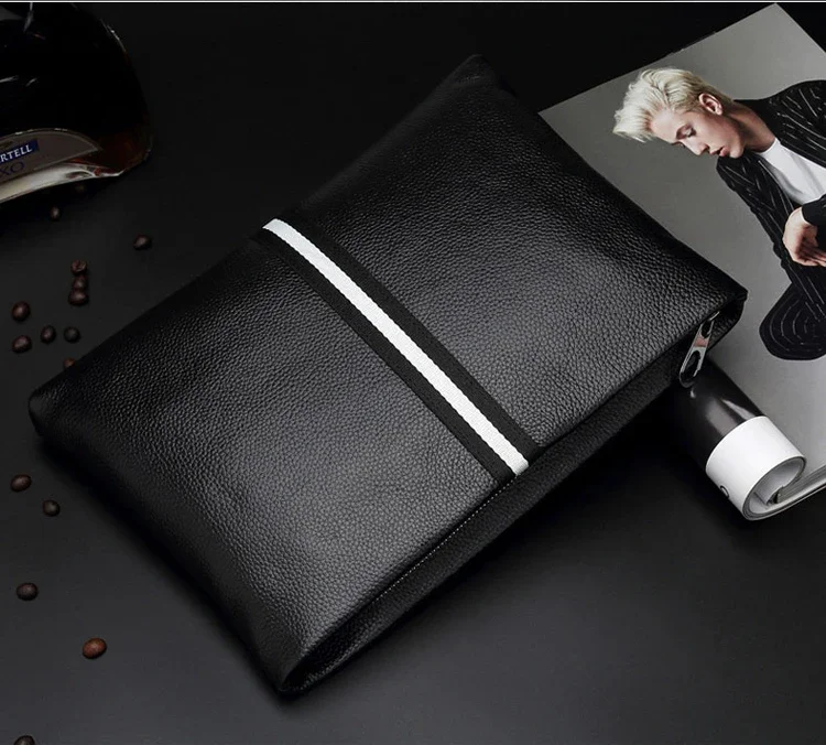 SENOFAN Authentic Hand Bag Men Stripe Real Leather Cowhide Clutches Male Pouch Wallet Designer Envelope Bag Korean Edition Hot