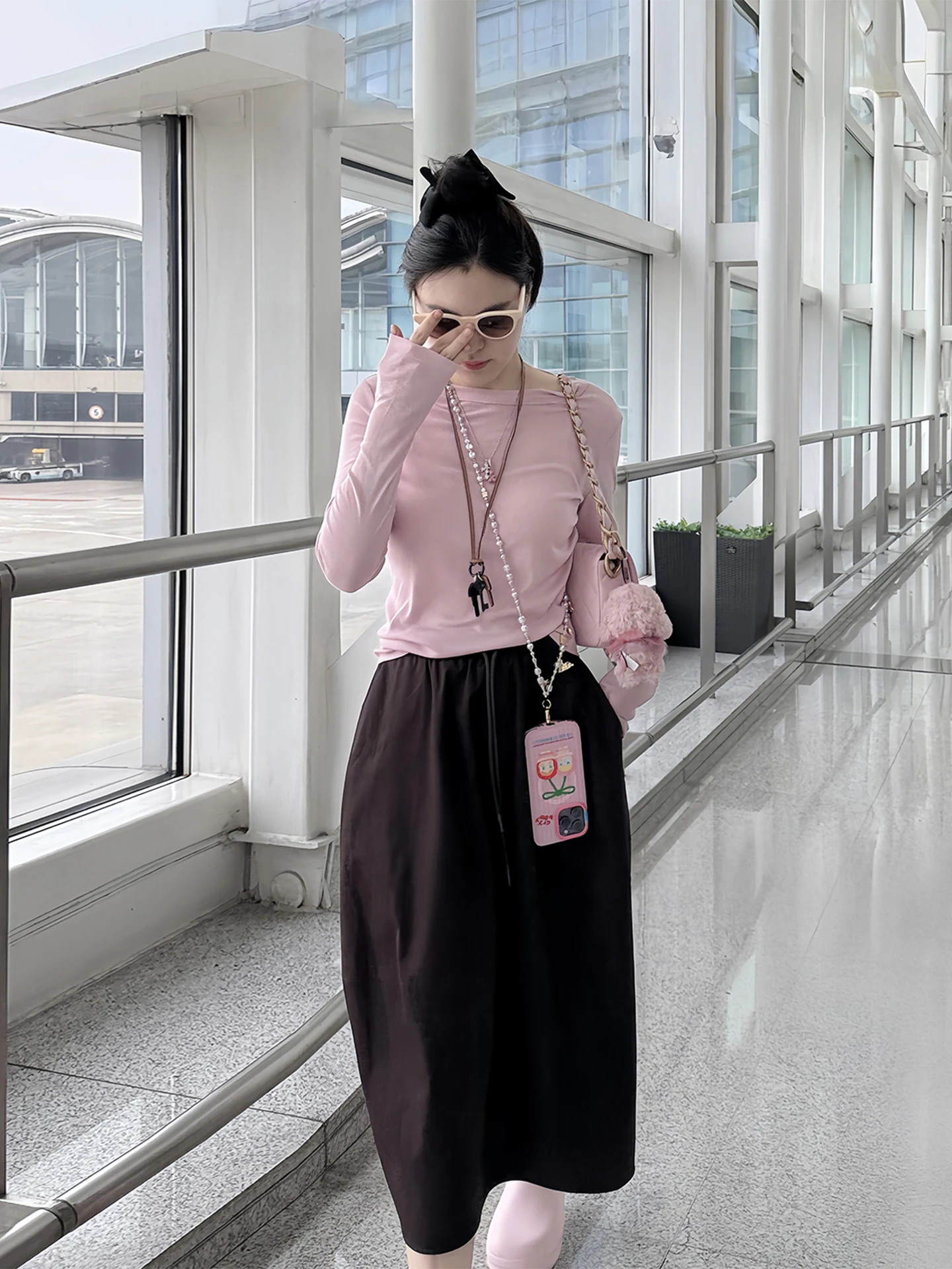 

High Waist A-Line Skirt Pure Cotton Dstring Elastic Band Patchwork f-length Faionable Spring Autumn Versatile Skirt