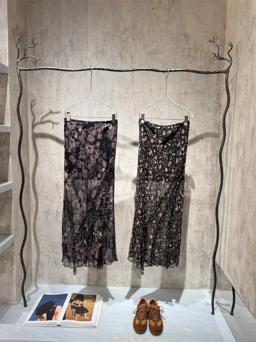 로맨틱 플로럴 프린트 쉬폰 스커트 엘레 드리프팅 롱 스커트 하이웨이스트 A라인 스커트 여름 2025 여성 패션