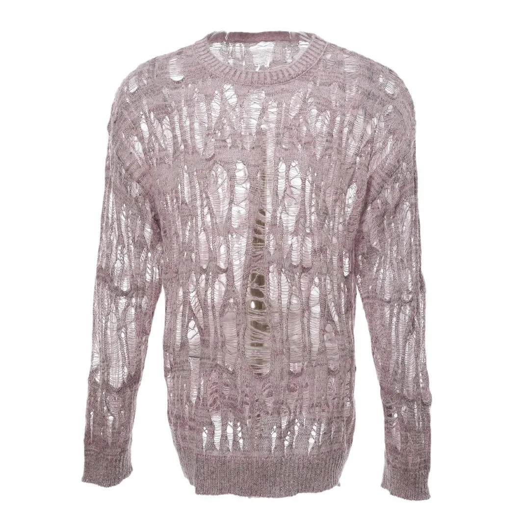Hollow Knit Sweater Men's Trendy Tops O Neck Long SleeveS T-shirt Loose Ripped Pullover Retro Hole T-shirt Hip Hop Streetwear