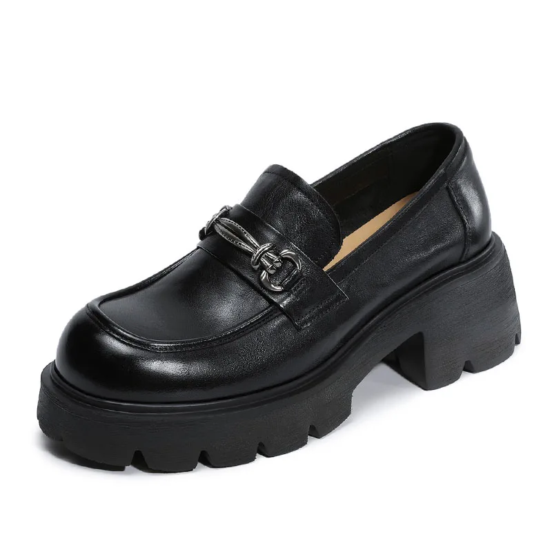 DRKANOL Women Slip On Loafers British Style Retro Chunky Platform Shoes Women Genuine Cow Leather Metal Thick High Heel Shoes
