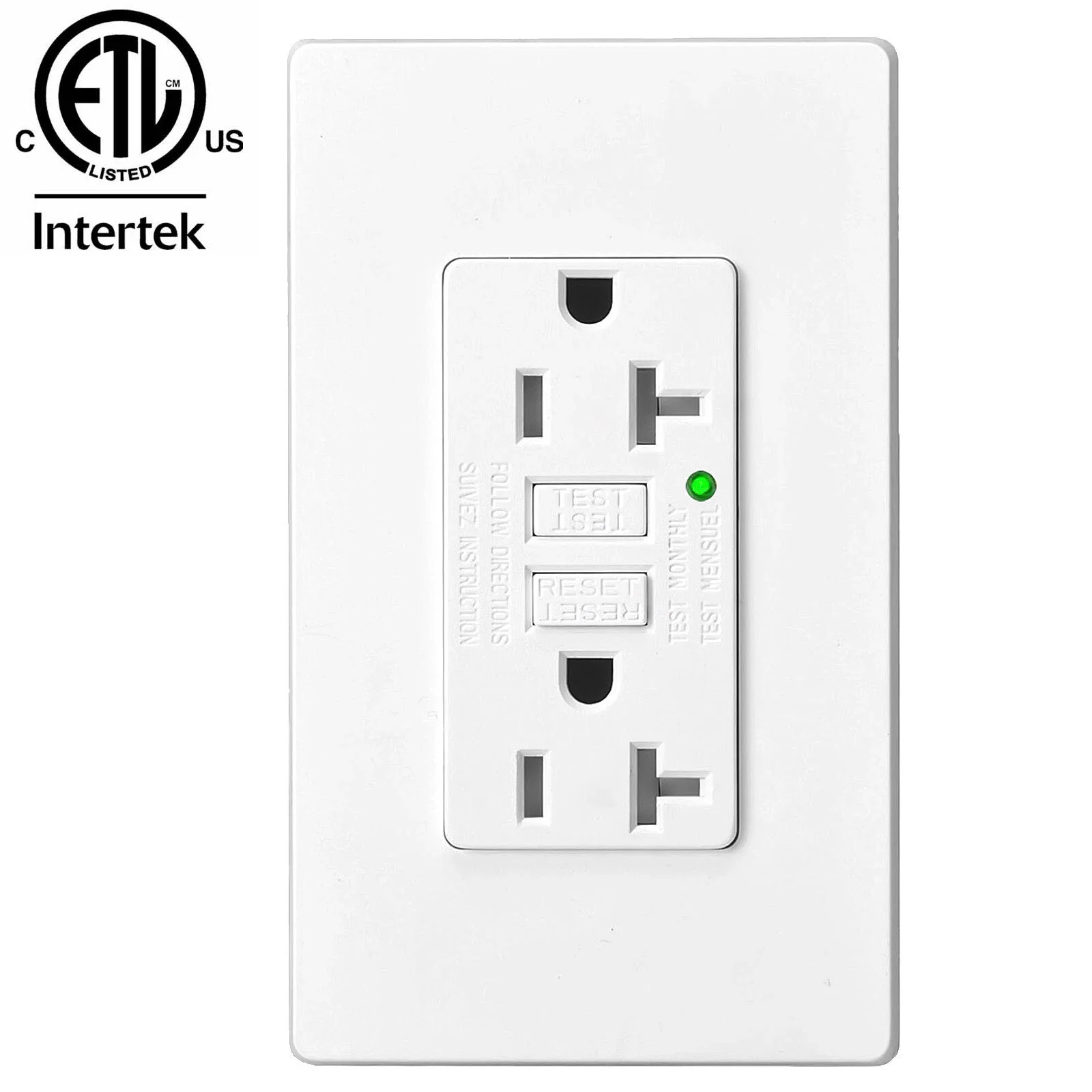 20A GFCI Outlet White Safety Socket With Wallplate Ground Fault Circuit Interrupter ETL Listed Non-TR Safety Receptacle