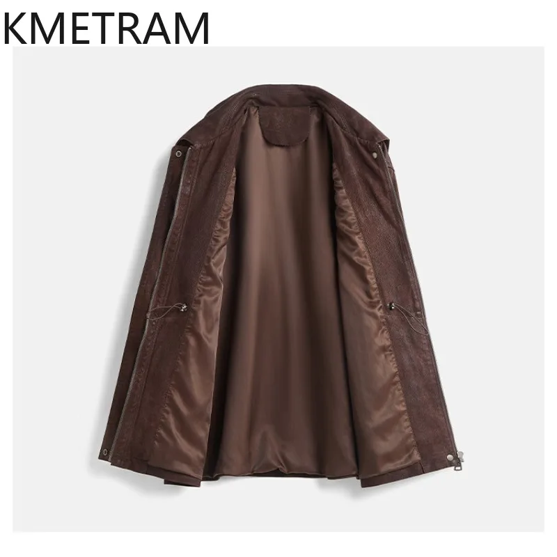KMETRAM Deer Grain Goatskin Genuine Leather Jacket Woman Wax Napa Craft Leather Coat Vintage Jackets of Woman Mid Length Jaqueta