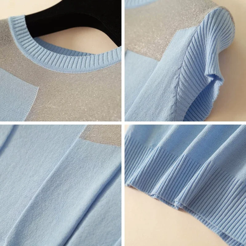 2024 Korean O-neck Short Sleeve Knitted Tops Patchwork Ice Silk Blusas Women Pullover Fashion Thin Blouse Mujer De Moda 8796