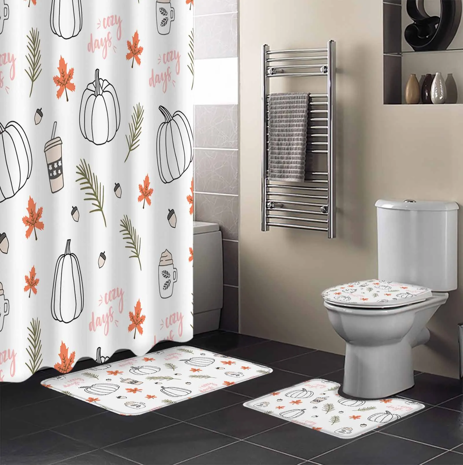 Thanksgiving Autumn Line Pumpkin Coffee Shower Curtain Set Non-Slip Rugs Bath Mat Toilet Lid Cover Waterproof Bathroom Curtain