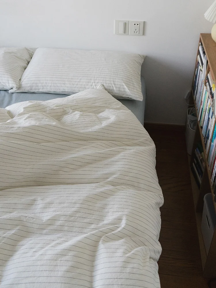 00% Cotton Waed Color Woven Bedding Set Fre Not easy Pure Cotton White Striped Duvet Cover Quilt Cover eet Pillowcase