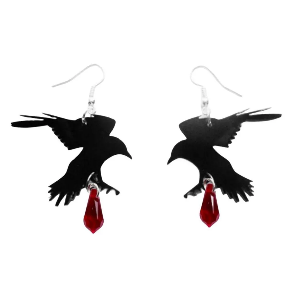 Punk Gothic Black Spread Wings Crow Red Blood Drops Dangle Earrings for Women Hallowmas Party Personality Jewelry Accessory Gift