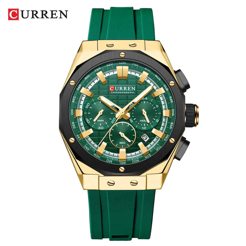 CURREN 8464 Men's Quartz Watch Outdoors Sports Fashion Green Luminous Date Chronograph Silicone Strap Wristwatch for Male Clock