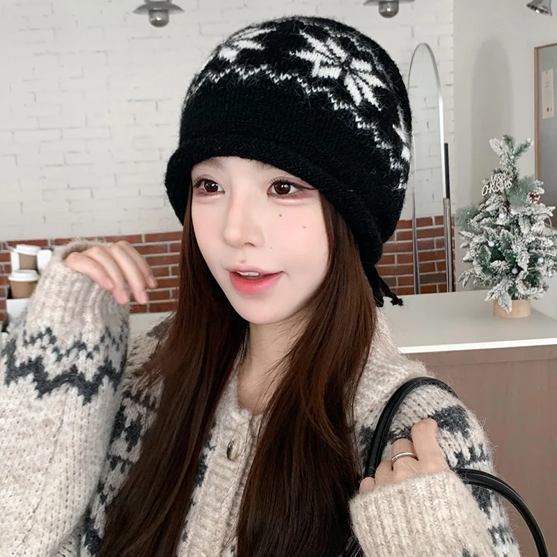 Snowflake Floral Jacquard Knit Beanie Adjustable Drawstring Roll Brim Hat Vintage Ethnic Soft Warm Autumn Winter Casual Headwear