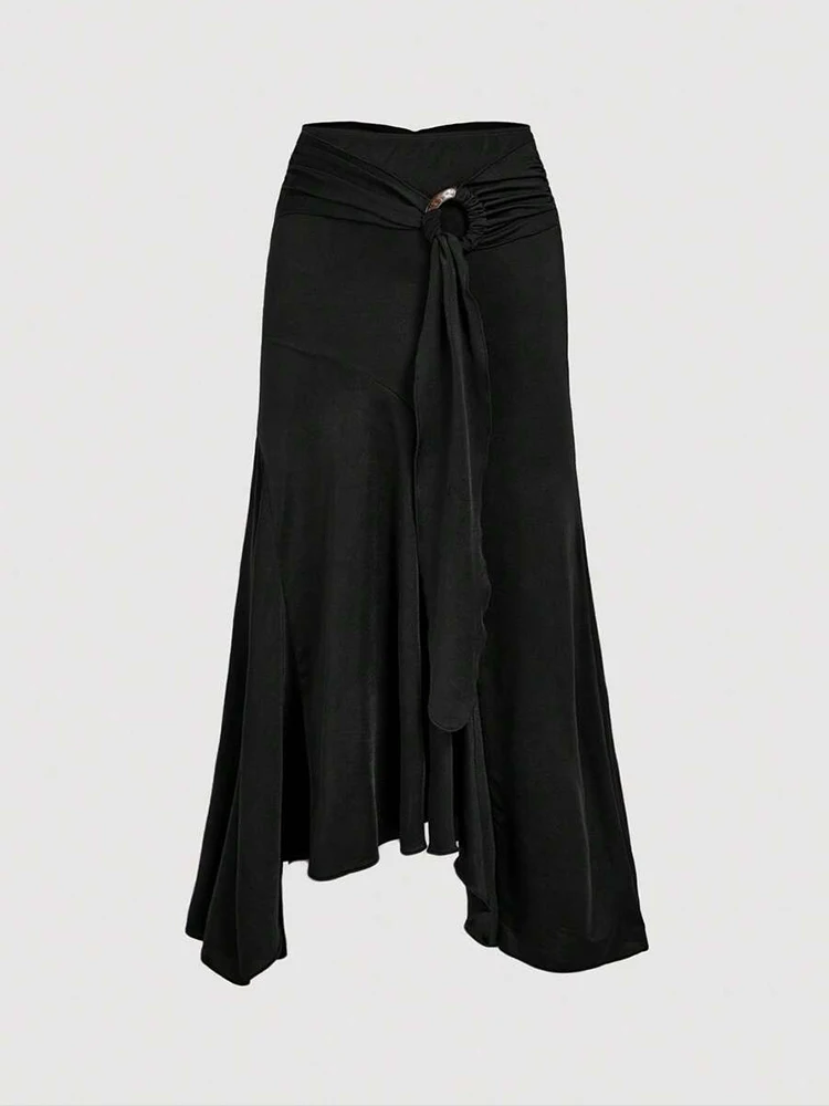 

Black fluid midi skirt with metal buckle straps and an asymmetrical design, perfect for both work and shopping