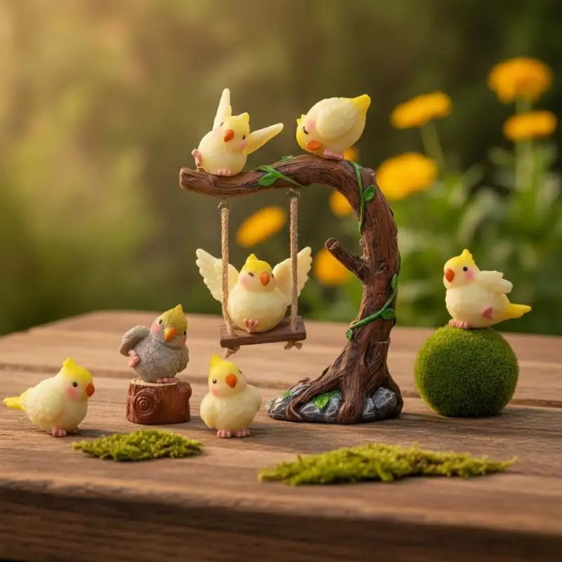 Cute Cartoon Cockatiel Ornaments Horticultural Plant Animal Resin Handicraft Birds Models DIY Home Garden Decoration