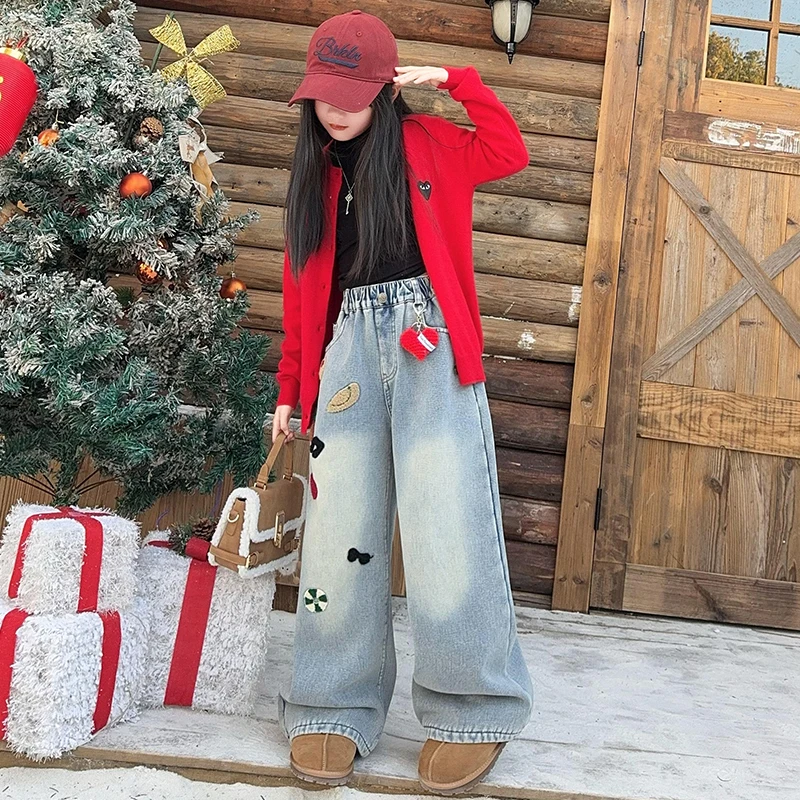winter spring teenage girls embroidery jeans Elastic waist junior kids Love wide leg pants Child trousers 4-6 8 10 12 14 clothes