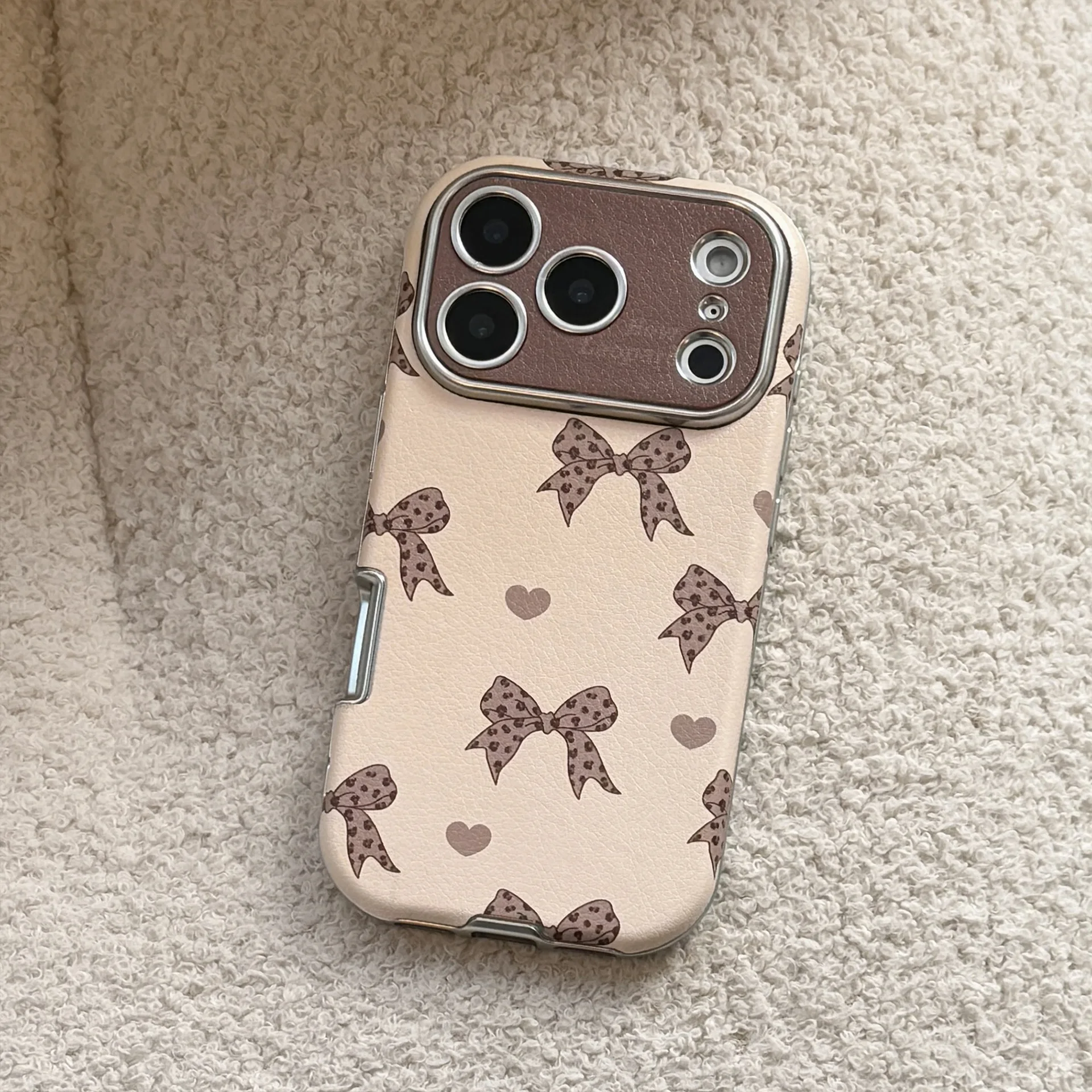 Koreanische süße Leopardenmuster-Bowknot-Leder-Textur-Handyhülle für iPhone 17, 16, 15, 14, 13, 12, 11, Pro Max, stoßfeste Schutzhülle