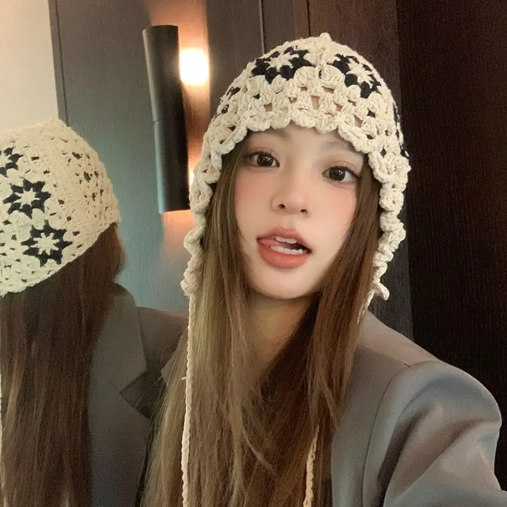 Vintage Crochet Flower Hollow Knitted Hat Hollow Out Beanies Knit Cap Thin Korean Ethnic Style Hat Apparel Accessories