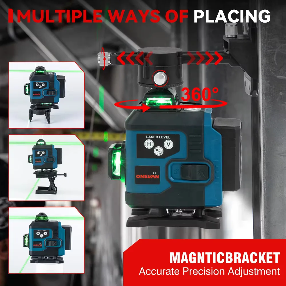 ONEVAN 16-liniowa poziomica laserowa 4D Samopoziomująca poziomica 360° pozioma i pionowa krzyżowa Super mocna zielona poziomica laserowa z 2