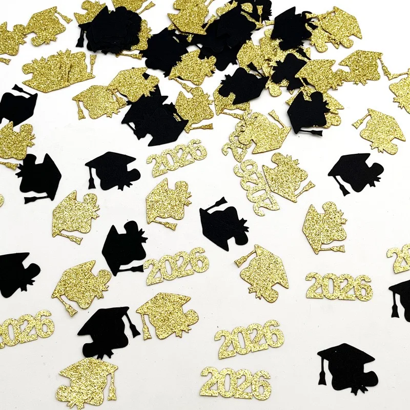 Confetes de Formatura 2026 Dourado e Preto com Glitter para Chapéu de Formatura, Diploma e Decoração de Mesa para Festas de Formatura 2026