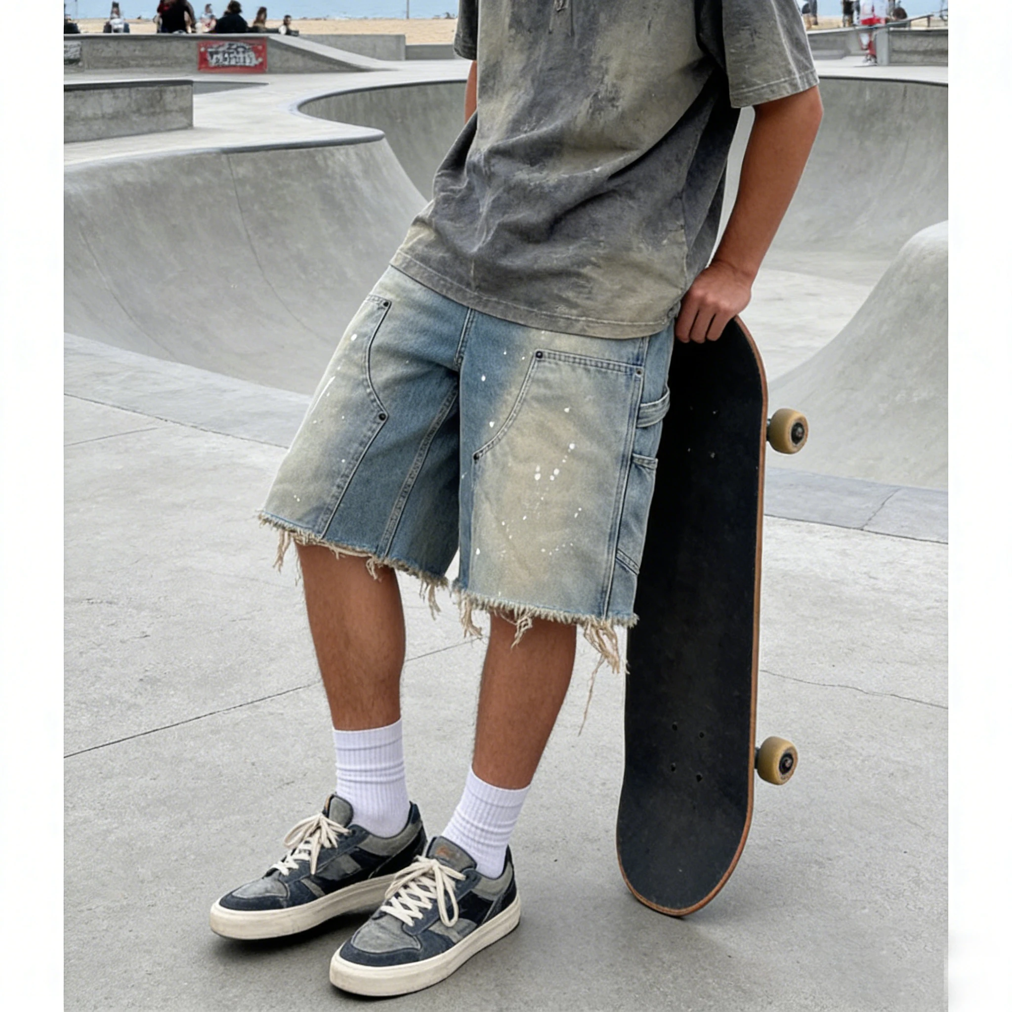 Summer men's loose straight denim shorts with high street splatter ink and raw hem breathable and stylish for daily outdoor wear